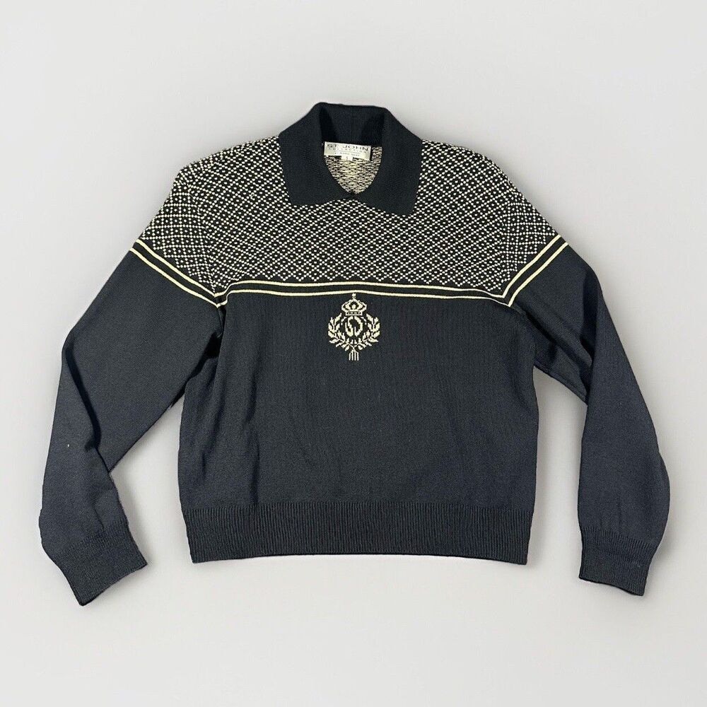 St John Collection VTG Collared Sweater SzS Black Gold Crest Santana Old Money